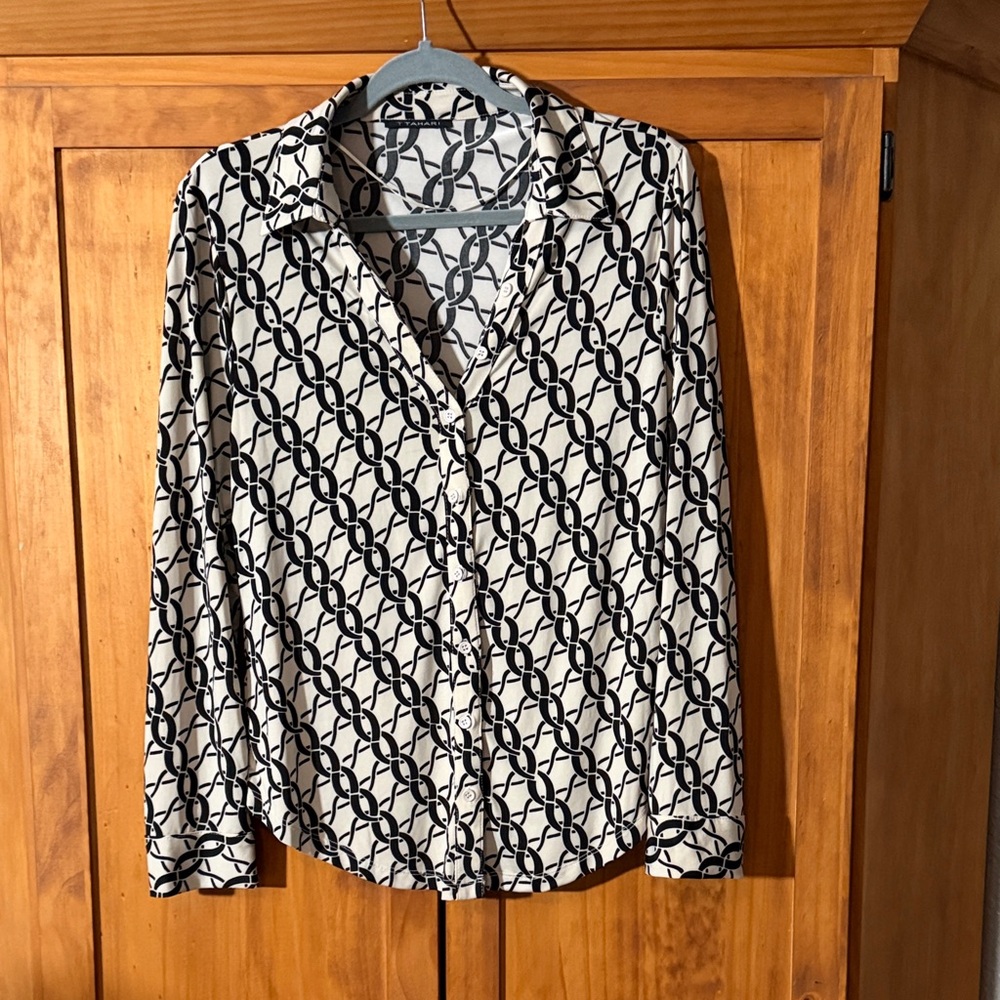 T Tahari Black and Cream Patterned Blouse